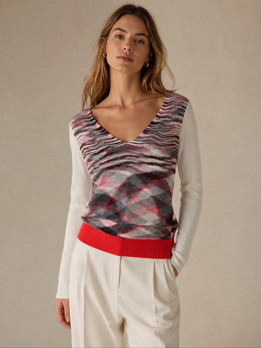 Missoni Wool Blend Long-Sleeve Color-Block Abstract Multicolor V-Neck Sweater